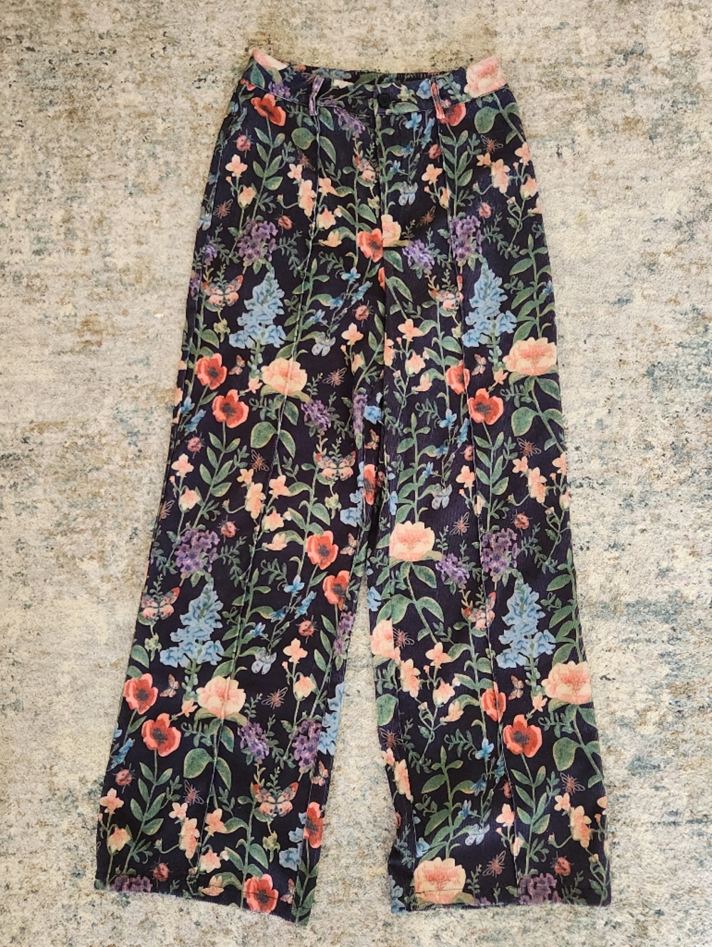 Cider Floral Navy Wide Woven Leg High Waisted Trouser Pants Light Weight S Boho